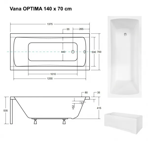 BESCO - Obdĺžniková vaňa OPTIMA - Nožičky k vani - Bez nožičiek, Rozmer vane - 140 × 70 cm VANOPT14