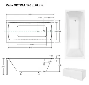 BESCO - Obdĺžniková vaňa OPTIMA - Nožičky k vani - Bez nožičiek, Rozmer vane - 140 × 70 cm VANOPT14