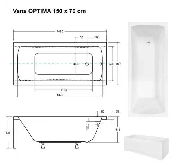BESCO - Obdĺžniková vaňa OPTIMA - Nožičky k vani - Bez nožičiek, Rozmer vane - 150 × 70 cm VANOPT15