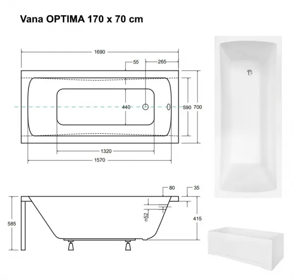 BESCO - Obdĺžniková vaňa OPTIMA - Nožičky k vani - Bez nožičiek, Rozmer vane - 170 × 70 cm VANOPT17