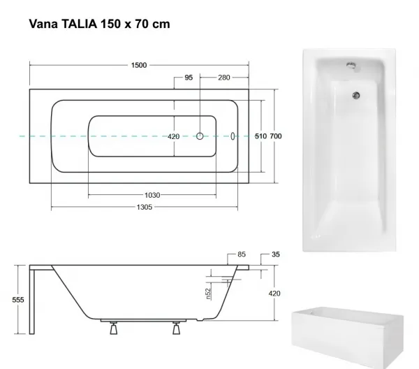 BESCO - Obdĺžniková vaňa TALIA - Nožičky k vani - S nožičkami, Rozmer vane - 150 × 70 cm VANTAL15+OLVPINOZ