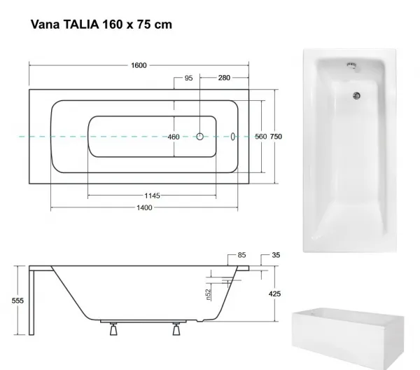 BESCO - Obdĺžniková vaňa TALIA - Nožičky k vani - S nožičkami, Rozmer vane - 160 × 75 cm VANTAL16+OLVPINOZ