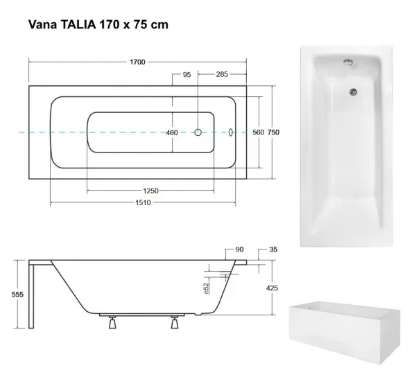 BESCO - Obdĺžniková vaňa TALIA - Nožičky k vani - S nožičkami, Rozmer vane - 170 × 75 cm VANTAL17+OLVPINOZ