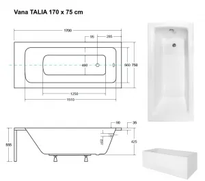 BESCO - Obdĺžniková vaňa TALIA - Nožičky k vani - S nožičkami, Rozmer vane - 170 × 75 cm VANTAL17+OLVPINOZ