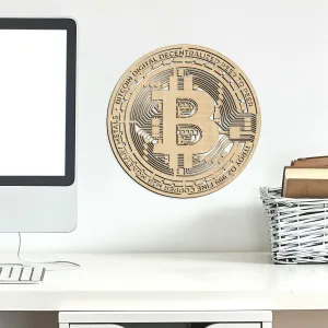 Drevený symbol na stenu - Bitcoin