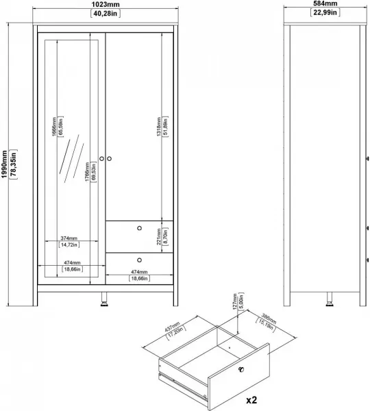 FALCO Šatníková skriňa Realty 102 cm so zrkadlom biela