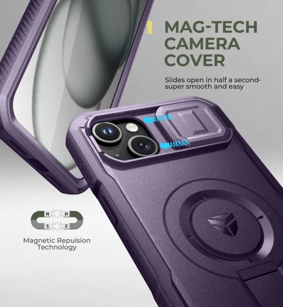 Dexnor MagSafe 360 Kickstand Camprotector obal iPhone 14 Plus / 15 Plus, fialový