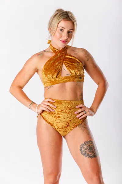 GoldBee Zamatové Plavky Brazílky S vysokým pasem Gold Barva: Gold, Velikost: M