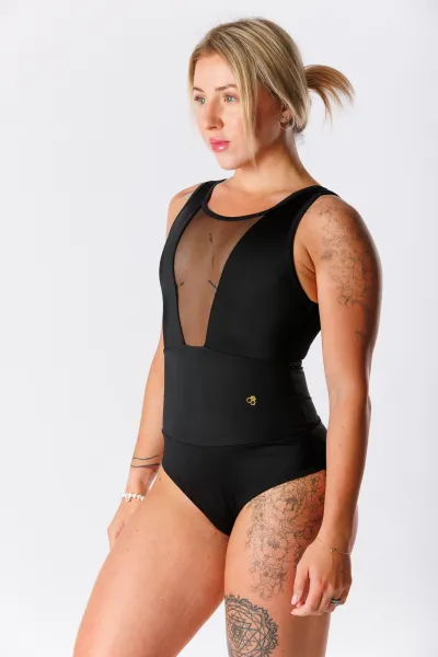 GoldBee Jednodielne Sťahovacie Plavky Mesh Kalhotky Black Barva: Black, Velikost: M