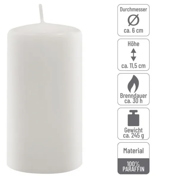 Sada stĺpových sviečok, 11,5 cm, Ø 6 cm, biela, 18 ks