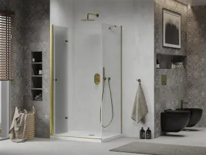 MEXEN/S - Sprchovací kút zalamovací Lima 80x70, sklo číre, zlatý + vanička 856-080-070-50-00-4010