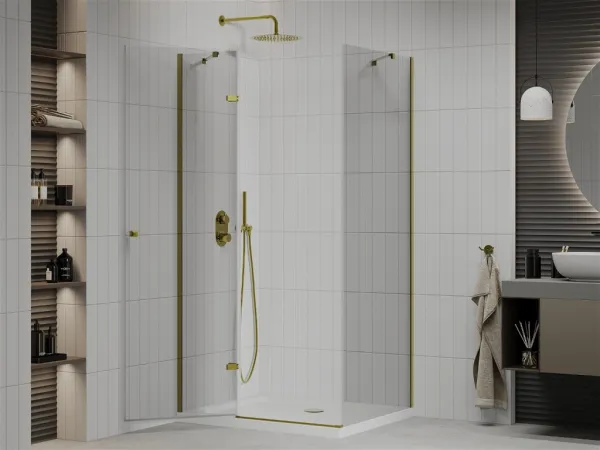 MEXEN/S - Roma sprchovací kút otvárací 110x90, sklo transparent, zlatá + vanička 854-110-090-50-00-4010