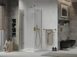 MEXEN/S - Sprchovací kút zalamovací Lima 90x90, číre sklo, zlatý + vanička 856-090-090-50-00-4010