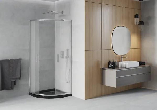 MEXEN/S - Rio štvrťkruhový sprchovací kút 90 x 90, transparent, chróm + vanička so sifónom Flat, čierny 863-090-090-01-00-4170