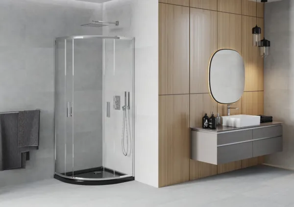 MEXEN/S - Rio štvrťkruhový sprchovací kút 90 x 90, transparent, chróm + vanička so sifónom Flat, čierny 863-090-090-01-00-4170