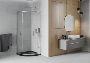 MEXEN/S - Rio štvrťkruhový sprchovací kút 90 x 90, transparent, chróm + vanička so sifónom Flat, čierny 863-090-090-01-00-4170