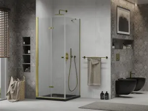 MEXEN/S - Lima sprchový kút zalamovacie dvere 90 x 90, transparent, zlatý + Flat čierna vanička so sifónom 856-090-090-50-00-4070G