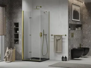 MEXEN/S - Lima sprchový kút zalamovacie dvere 90 x 90, transparent, zlatý + Flat čierna vanička so sifónom 856-090-090-50-00-4070G