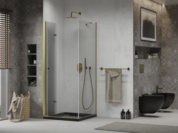 MEXEN/S - Lima sprchový kút zalamovacie dvere 90 x 90, transparent, zlatý + Flat čierna vanička so sifónom 856-090-090-50-00-4070G