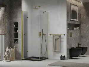MEXEN/S - Lima sprchový kút zalamovacie dvere 90 x 90, transparent, zlatý + Flat čierna vanička so sifónom 856-090-090-50-00-4070G