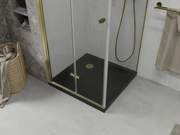 MEXEN/S - Lima sprchový kút zalamovacie dvere 90 x 90, transparent, zlatý + Flat čierna vanička so sifónom 856-090-090-50-00-4070G