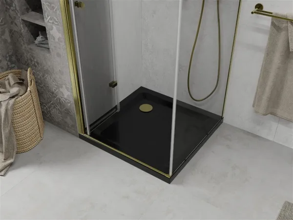 MEXEN/S - Lima sprchový kút zalamovacie dvere 90 x 90, transparent, zlatý + Flat čierna vanička so sifónom 856-090-090-50-00-4070G