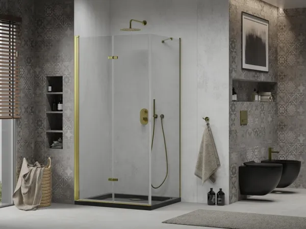 MEXEN/S - Lima sprchovací kút zalamovacie dvere 100 x 80, transparent, zlatý + Flat čierna vanička so sifónom 856-100-080-50-00-4070G