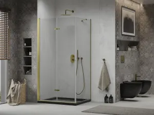 MEXEN/S - Lima sprchovací kút zalamovacie dvere 100 x 80, transparent, zlatý + Flat čierna vanička so sifónom 856-100-080-50-00-4070G