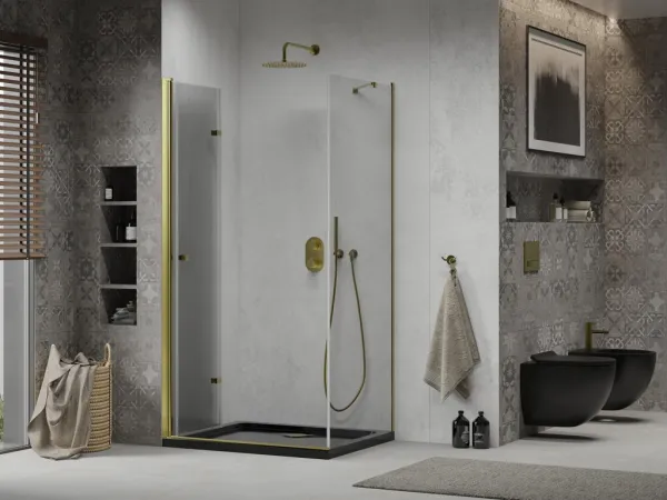 MEXEN/S - Lima sprchovací kút zalamovacie dvere 90 x 100, transparent, zlatý + Flat čierna vanička so sifónom 856-090-100-50-00-4070G