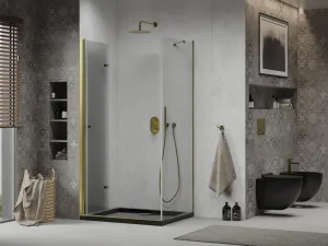 MEXEN/S - Lima sprchovací kút zalamovacie dvere 90 x 100, transparent, zlatý + Flat čierna vanička so sifónom 856-090-100-50-00-4070G
