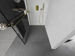 MEXEN/S - KIOTO Sprchová zástena WALK-IN s poličkou a držiakom uterákov 70 x 200, transparent/čierna 8 mm, zlatá 800-070-121-50-78