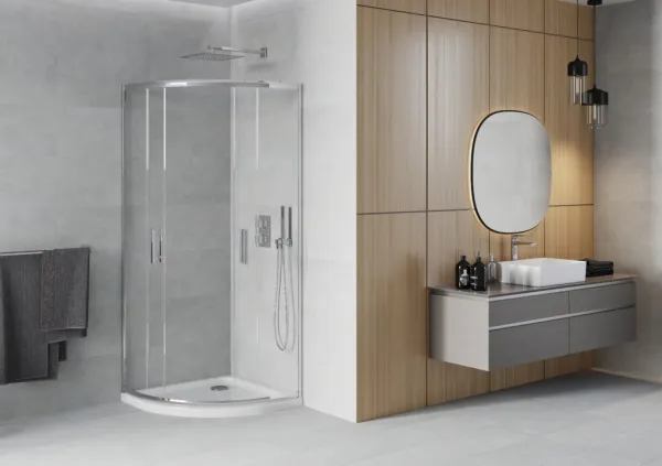 MEXEN/S - Rio štvrťkruhový sprchovací kút 90 x 90, transparent, chróm + vanička so sifónom Flat, biela 863-090-090-01-00-4110
