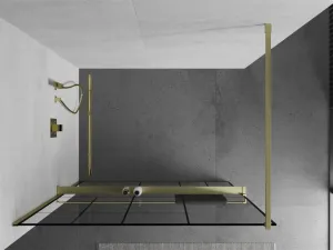 MEXEN/S - Kioto+ Sprchová zástena s poličkou WALK-IN 70 x 200, čierna vzor, zlatá kartáčovaná 800-070-121-55-78