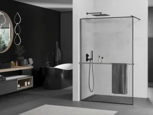 MEXEN/S - Kioto+ Sprchová zástena s poličkou WALK-IN 70 x 200, čierna vzor, grafit metal 800-070-121-95-70