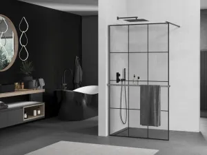 MEXEN/S - Kioto+ Sprchová zástena WALK-IN s poličkou a držiakom uterákov 110 x 200, čierny vzor, grafit metal 800-110-121-95-77