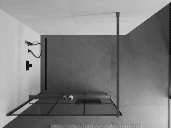 MEXEN/S - Kioto+ Sprchová zástena WALK-IN s poličkou a držiakom uterákov 110 x 200, čierny vzor, grafit metal 800-110-121-95-77
