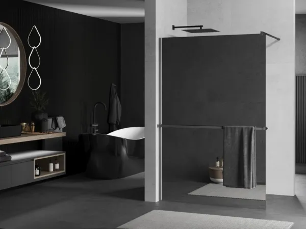 MEXEN/S - Kioto+ Sprchová zástena WALK-IN s poličkou a držiakom uterákov 70 x 200, zrkadlová, grafit metal 800-070-121-95-50