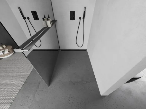 MEXEN/S - Kioto+ Sprchová zástena WALK-IN s poličkou a držiakom uterákov 70 x 200, zrkadlová, grafit metal 800-070-121-95-50