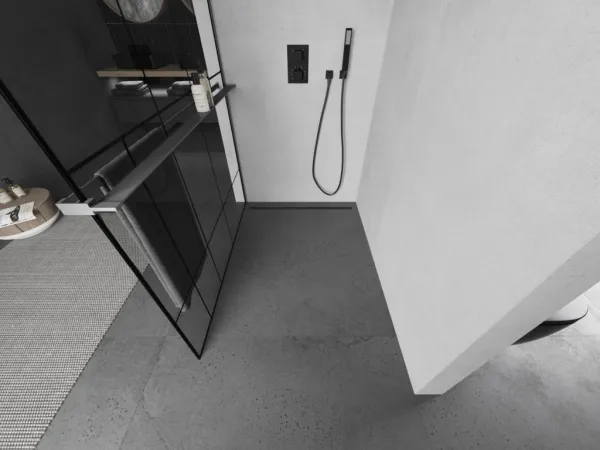MEXEN/S - Kioto+ Sprchová zástena s poličkou WALK-IN 120 x 200, čierna vzor, grafit metal 800-120-121-95-78