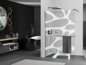 MEXEN/S - Kioto+ Sprchová zástena WALK-IN s poličkou a držiakom uterákov 80 x 200, biely vzor, grafit metal 800-080-121-95-97