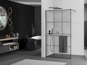 MEXEN/S - Kioto+ Sprchová zástena WALK-IN s poličkou a držiakom uterákov 100 x 200, čierny vzor, grafit metal 800-100-121-95-77