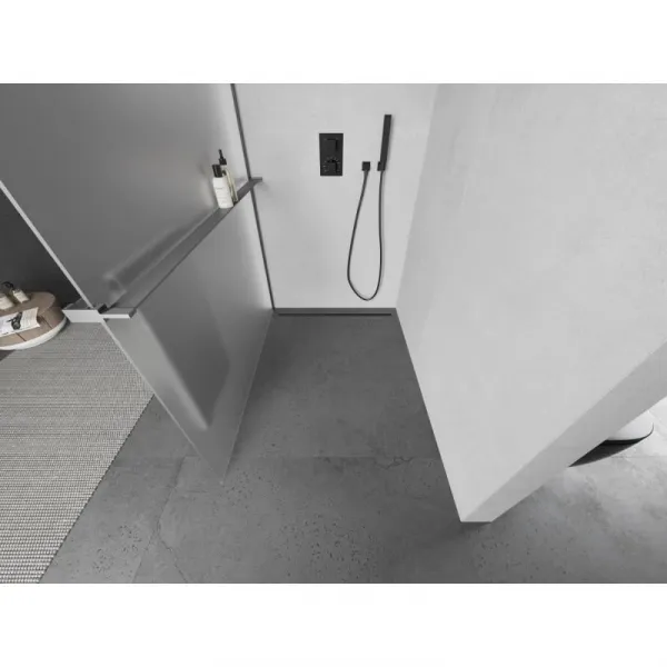 MEXEN/S - Kioto+ L Sprchová zástena WALK-IN s poličkou a držiakom uterákov 120 x 200, dekor, grafit metal 800-120-123-95-30