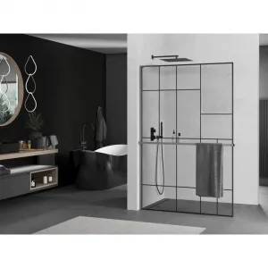 MEXEN/S - Kioto+ L Sprchová zástena WALK-IN s poličkou a držiakom uterákov 120 x 200, čierny vzor, grafit metal 800-120-123-95-78