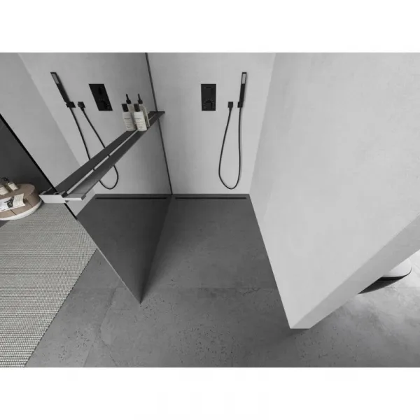 MEXEN/S - Kioto+ L Sprchová zástena WALK-IN s poličkou a držiakom uterákov 70 x 200, zrkadlové, grafit metal 800-070-123-95-50