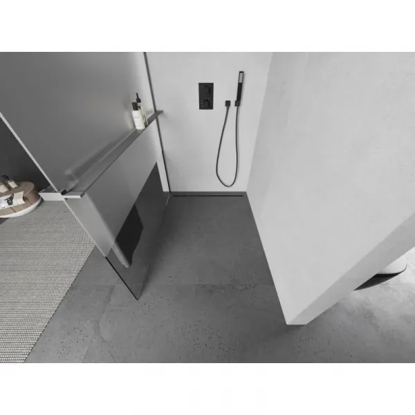 MEXEN/S - Kioto+ L Sprchová zástena WALK-IN s poličkou a držiakom uterákov 70 x 200, transparent/dekor, grafit metal 800-070-123-95-35