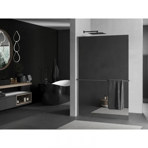 MEXEN/S - Kioto+ L Sprchová zástena WALK-IN s poličkou a držiakom uterákov 70 x 200, zrkadlové, grafit metal 800-070-123-95-50