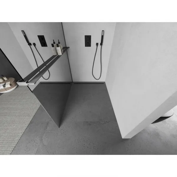 MEXEN/S - Kioto+ L Sprchová zástena WALK-IN s poličkou a držiakom uterákov 80 x 200, zrkadlové, grafit metal 800-080-123-95-50