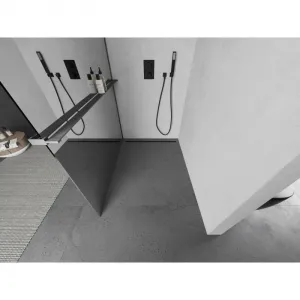 MEXEN/S - Kioto+ L Sprchová zástena WALK-IN s poličkou a držiakom uterákov 80 x 200, zrkadlové, grafit metal 800-080-123-95-50