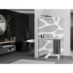 MEXEN/S - Kioto+ L Sprchová zástena WALK-IN s poličkou a držiakom uterákov 100 x 200, biely vzor, grafit metal 800-100-123-95-97