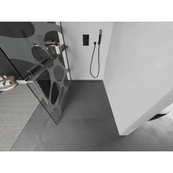 MEXEN/S - Kioto+ L Sprchová zástena WALK-IN s poličkou a držiakom uterákov 100 x 200, biely vzor, grafit metal 800-100-123-95-97
